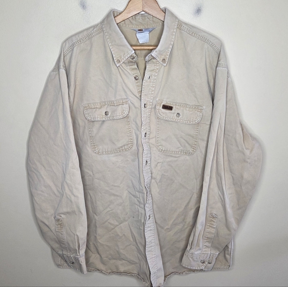 Carhartt | Khaki Beige Rugged Outdoor Button Front Work Shirt Distressed Cotton